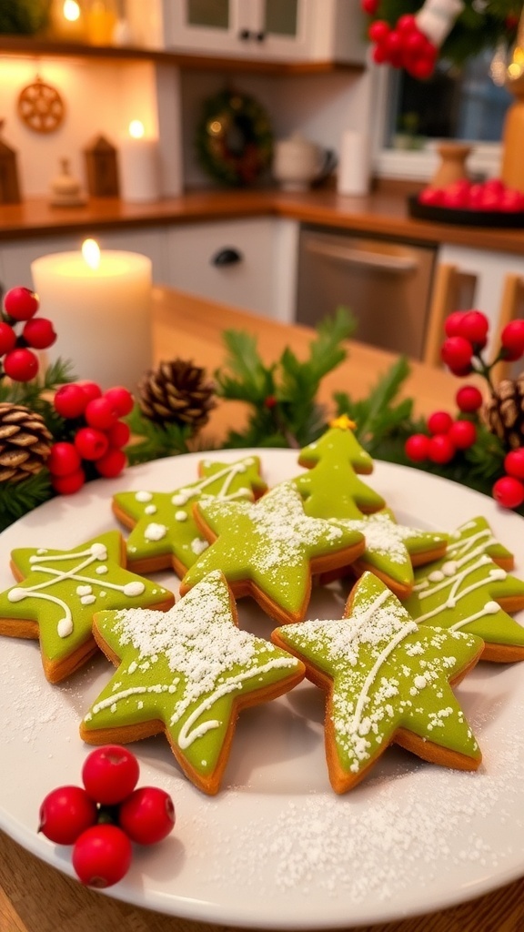 Matcha Christmas Cookies Recipe A plate of green matcha Christmas cookies shaped like stars and trees, dusted with powdered sugar, surrounded by festive decorations.